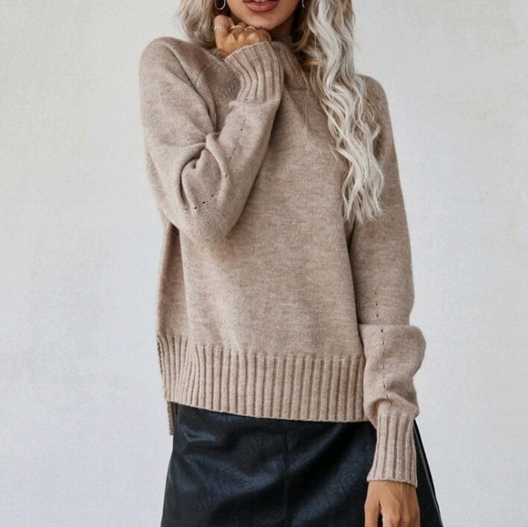 New Ribbed High Low Mock Neck Knit Sweater Top Tan Khaki Light Brown - Picture 2 of 9